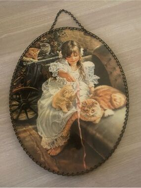 Vintage Flue Cover Artwork By Sandra Kuck Girl With Kitties  Retro Farmhouse